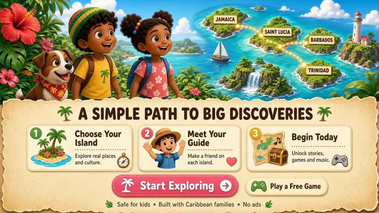 Two children and a dog look over a Caribbean map. A dotted path links Jamaica, Saint Lucia, Barbados, and Trinidad. Three steps: choose your island, meet your guide, and begin today with stories, games, and music.